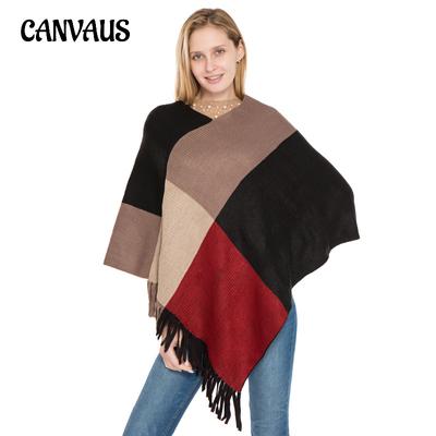 Frühling und Herbst Damen-Schal, quadratisch, Colorblocking, gestrickt, Quasten-Pullover-Poncho