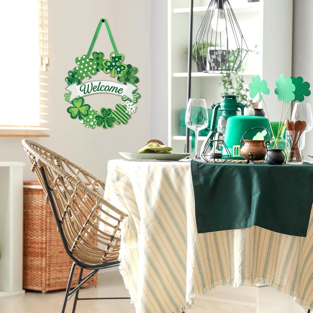 Wooden St. Patrick's Day Decoration Shamrock Door Wreath for Front Door Sign Wall Signs Shamrock Clover Spring Decoration, Irish Sign Welcome Hanging