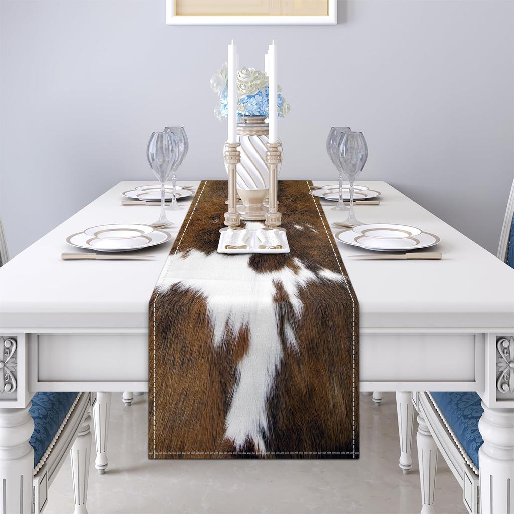 Western Cow Print Linen Table Runner Holiday Party Decor Reusable Farmhouse Kitchen Dining Table Runner Wedding Decorations