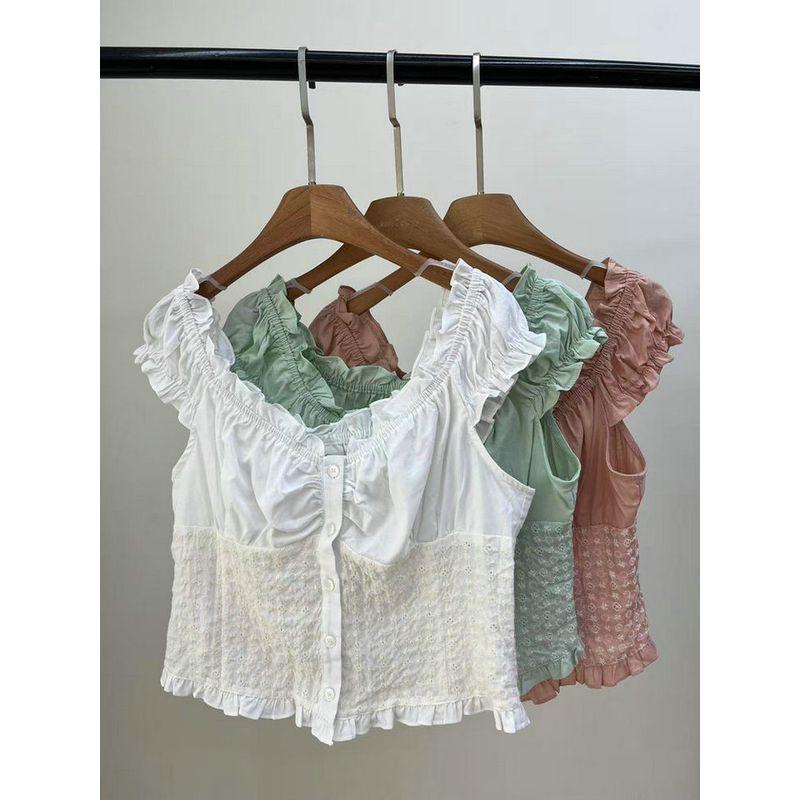 American Original Single Age-Reducing Sweet Fresh Ballet Style Sweet and Spicy Embroidered Wavy Edge Shirt Pure Cotton Top