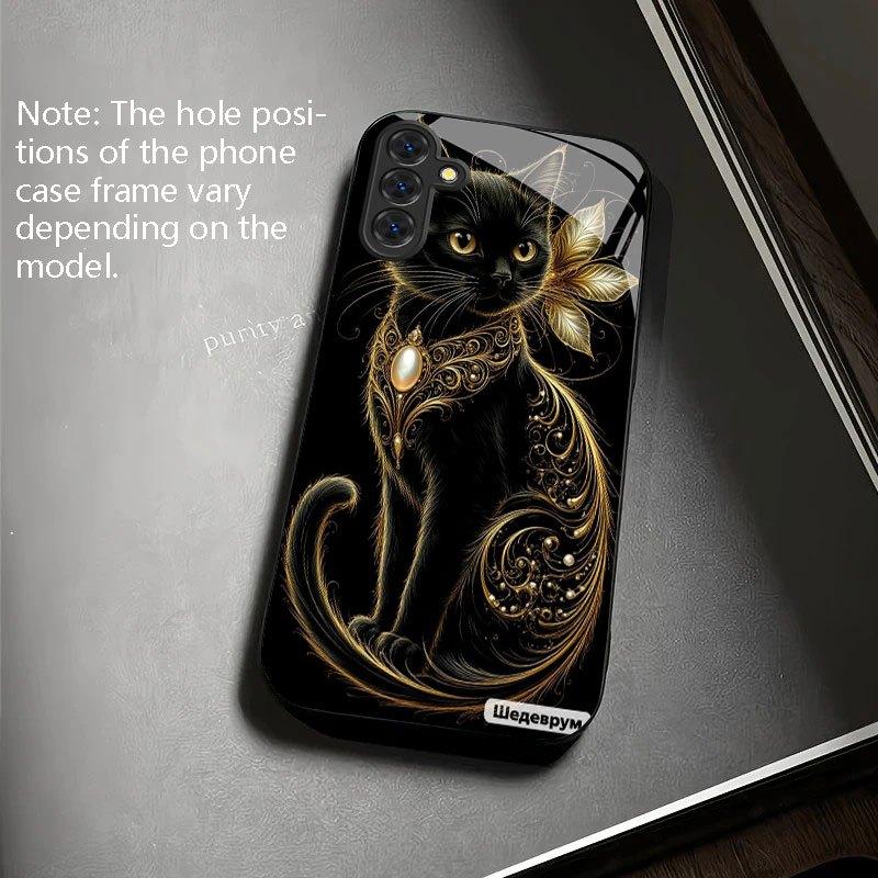 Black Gold Meow Charm Tempered Glass Phone Case Suitable for Samsung Galaxy S26 S25 S24 S22 S21 S20 FE/Ultra/Plus5G Anti Drop