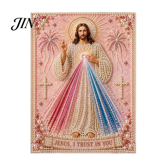 3D Pearl Texture Art Mary Painting Kit, Divine Mercy Jesus Holy Religious Beginner Kit Faux DIY Craft Set for Adults Beginners Christian Wall Decor