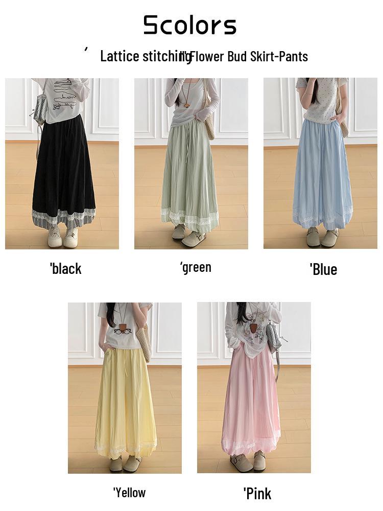 Lace Patchwork Lantern Pants - Spring/Summer Academy Style, Ice Silk, Wide-Leg Skirt Pants, Slimming Bud-Shaped Design.