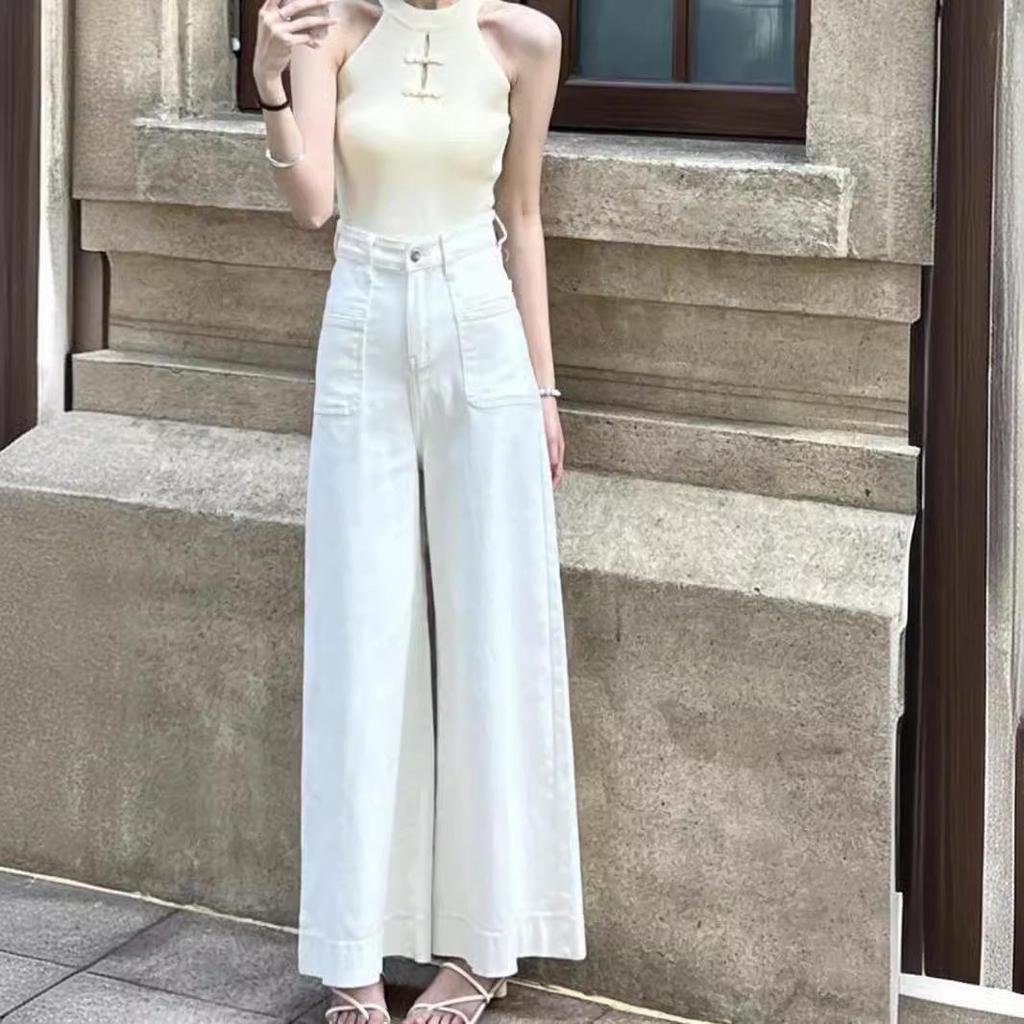 Shisanhang Damen Dunkelblaue High-Waist Wide-Leg Jeans - 2024 Sommer Drapierter Wisch-Look