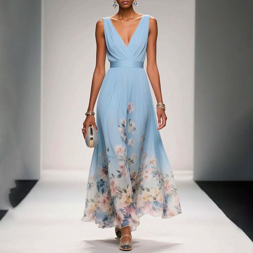 Summer Sexy V Neck Floral Chiffon Dress With Tie Waist For Casual And Party Wear