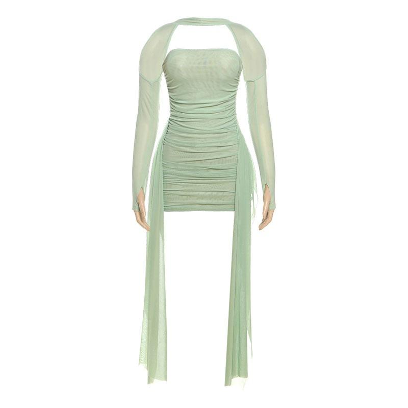 Summer Long Sleeve Bodycon Mini Short Dress Ribbon Pleated Tube Top Fashion New Sexy Party Dresses Hip Skirt Set Slim Fit Women's Clothing