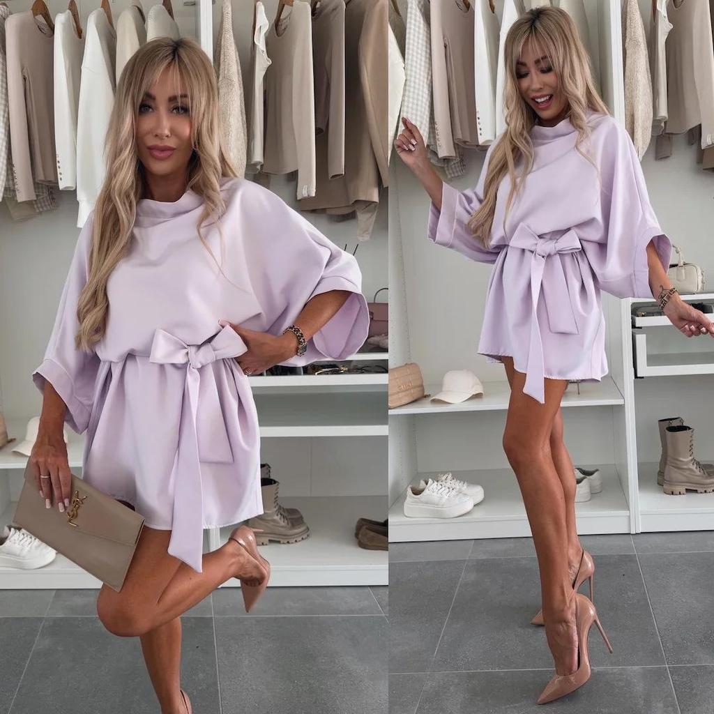 2025 Global Trend: Women's Versatile Solid Color Casual Round Neck Tie Dress