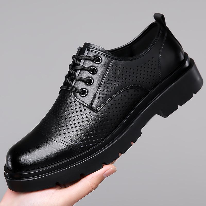 Men's Black Leather Derby Shoes, Casual Spring Style with Thick Soles, Low-Top Formal Wedding Martin Boots.
