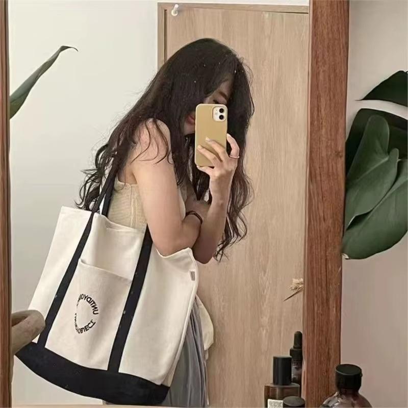 Canvas Tote Bag Women's Single Shoulder Bag Commuter Bag Soft Handle Zipper Closure Casual Scene Korean Sle Large Capaci