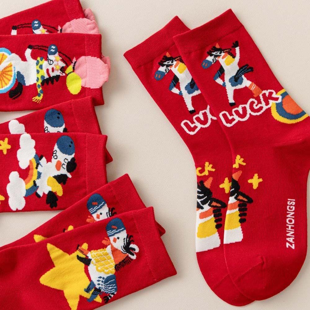 4Pairs Blessing Words Zodiac Horse Socks Cotton Winter Red Socks New Year Red Socks  Spring Festival