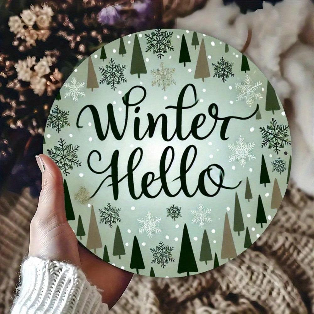Winter Round Iron Wall Art Hello Sign 7.8 Inch Metal Plaque Decorative For Front Door Porch Living Room Bedroom Home Decor Gift
