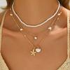 3 Pcs Summer Beach Boho Layered Necklace Set Faux Pearl Starfish Shell Pendant for Women Vacation Festival Travel Wear