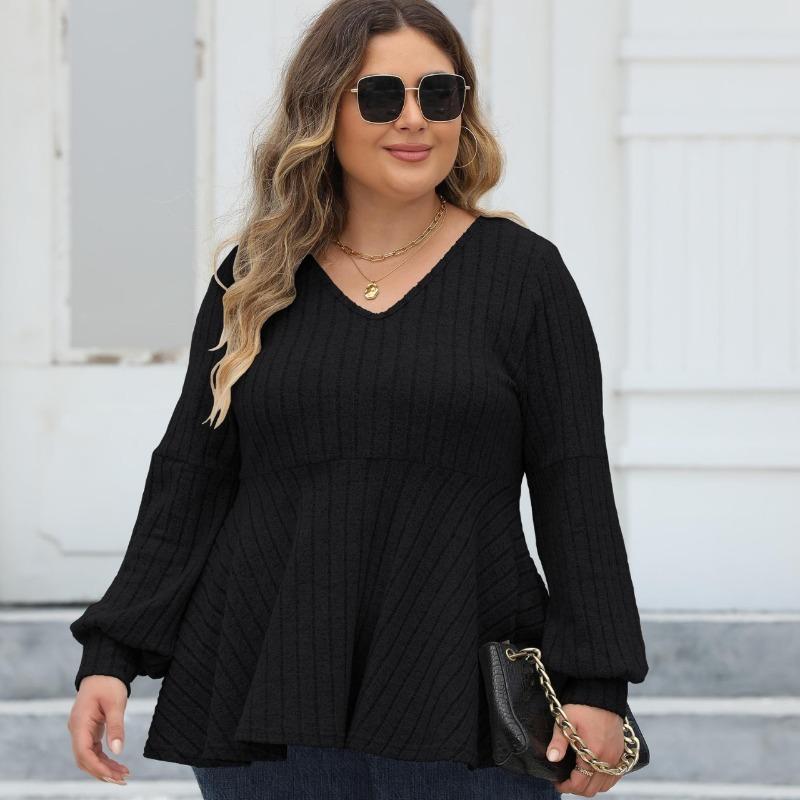 Женский свитер большого размера с рукавами-фонариками и V-образным вырезом на осень — фото 3