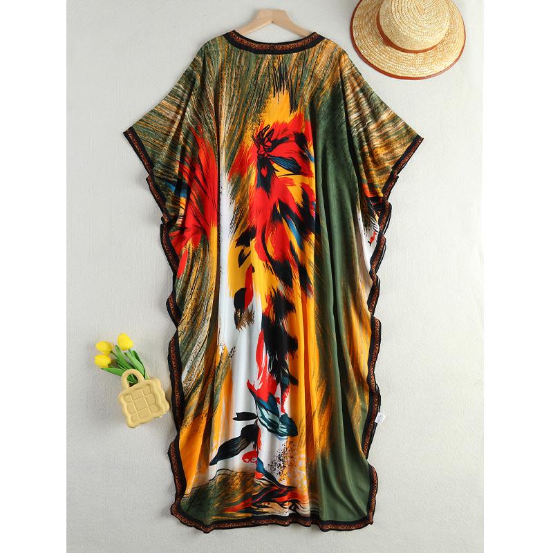 EDOLYNSA Boho Printed Plus Size Kaftan 2024 Kobiety Dekolt w Serek Rękaw Nietoperz Luźny Szlafrok Letnie Wakacje Plaża Maxi Sukienka Strój Kąpielowy Cover Up
