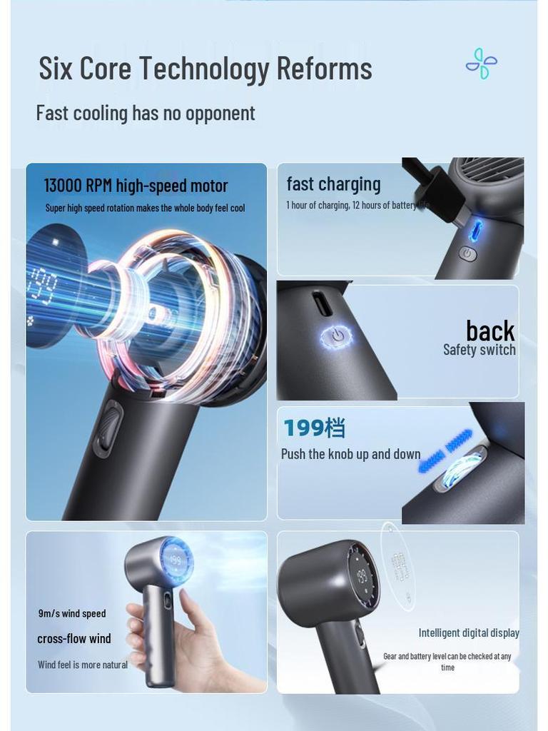 Turbo 199-Speed Portable Outdoor USB Rechargeable Mini Handheld Fan
