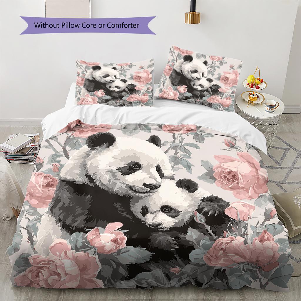 Panda and Rose Pattern Bedding Home Decoration Birthday Gift (1 * duvet cover + 2 * pillowcase, without core)