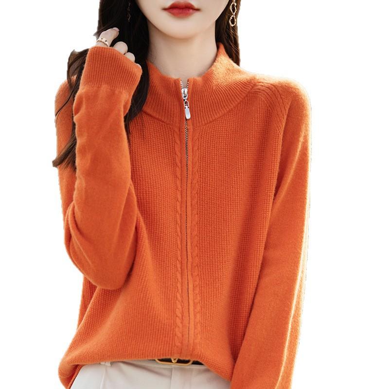 Autumn And Winter New 100 Wool Cardigan Women'S Semi-Turtleneck Zipper Sweater Jacket Wool Knitted Bottoming Shirt Top