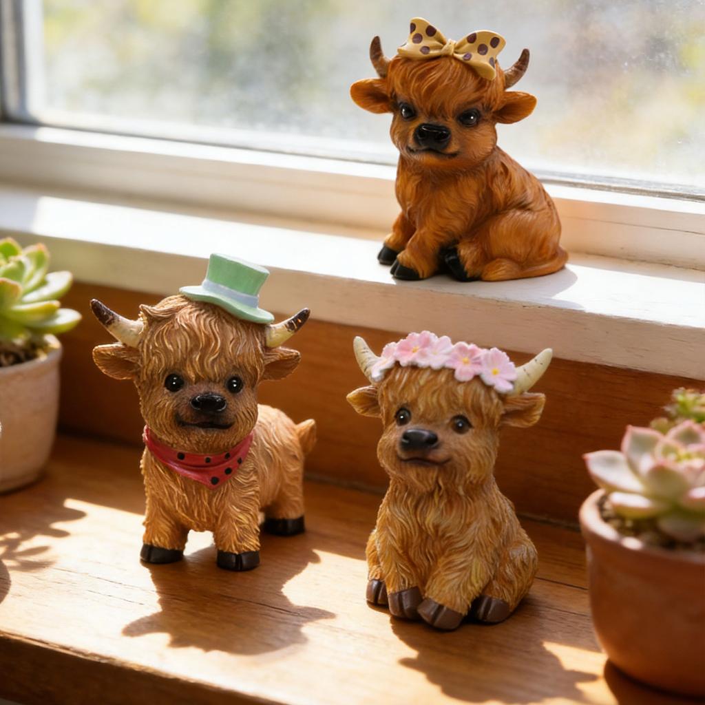 Cute Miniature High Land Cow Decoration Resin Bowknot Scottish Calf Figurine Sculpture for Home Office Ornament