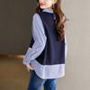 Blue Striped Splicing Knitted Fake Two-piece Blouse Womens Long-sleeved Relaxed Fit and Thin Top