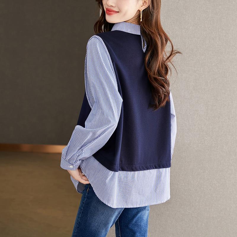 Blue Striped Splicing Knitted Fake Two-piece Blouse Womens Long-sleeved Relaxed Fit and Thin Top
