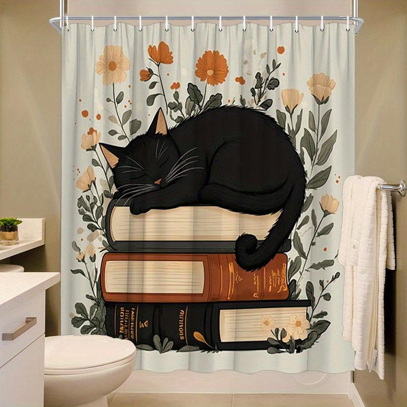 Elegant Black Cat On Books Shower Curtain - Water-Resistant, Easy To Clean, Adds A Sophisticated And Cozy Touch To Your