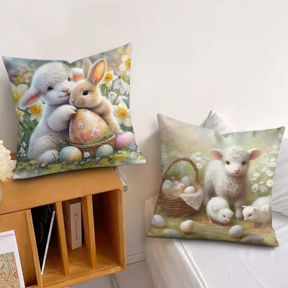 Little Lamb Easter Cushion Cover Silky Short Plush Invisible Zipper Dustproof Sofa Pillow Case For Home Decor