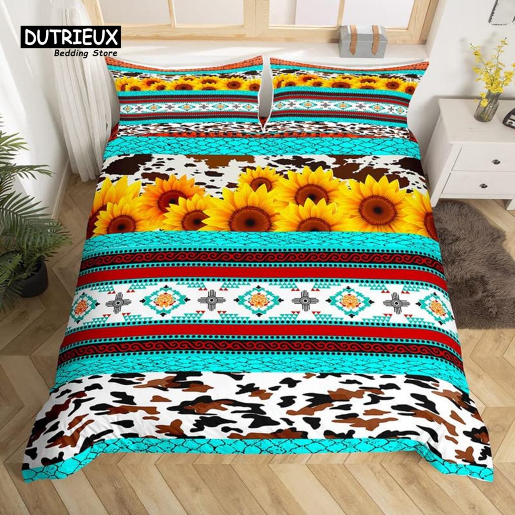 Cowhide Sunflower Duvet Cover Western Farm Animal Skin Bedding Set Microfiber Cow Fur Comforter Cover Twin For Boys Girls Room