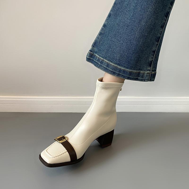 Fashion Vintage Thick Heel Woman Ankle Boot Fashion Belt Buckle Ladies Elastic Slim Short Booties Autumn Winter Women's Shoes