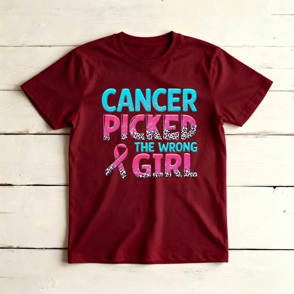 Cancer Picked The WrongunisexLeopard Letter Graphicunisex Summer Tshirt Breast Cancer Fighter Bold Motivational Short Sleeve Top