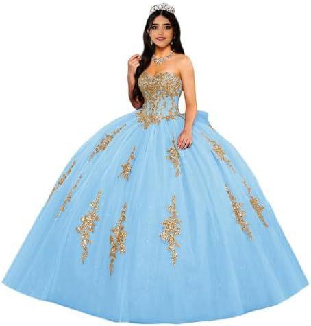 Gold Lace Applique Adult Dress Fluffy Strapless Tube Top Tulle Ball Dress Glitter Princess Dress Dress