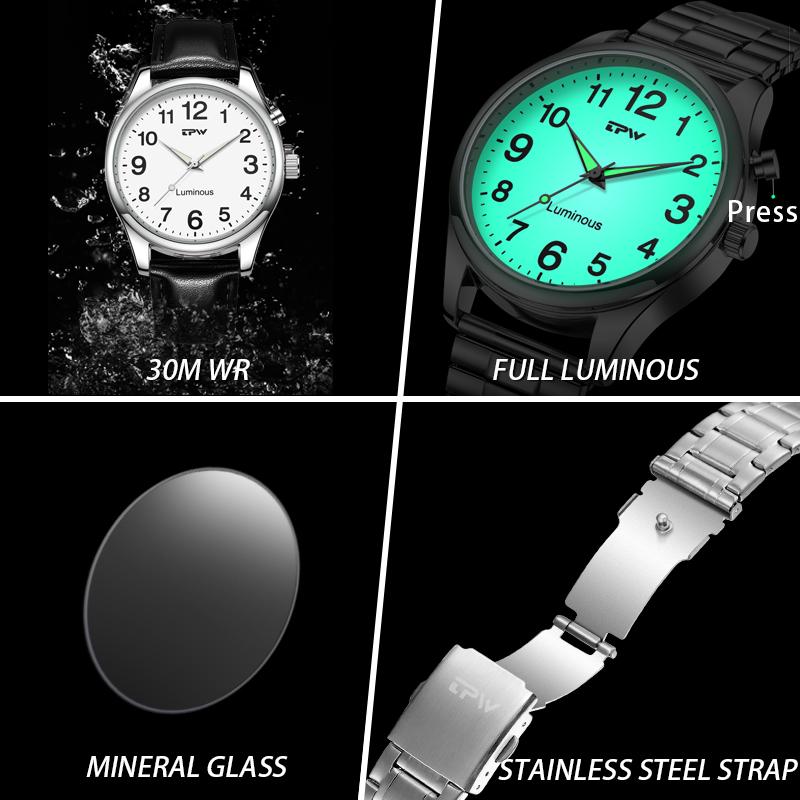 TPW Light Up Watch Dial Full Luminous Face 40mm Easy Reader Steel Strap 3ATM