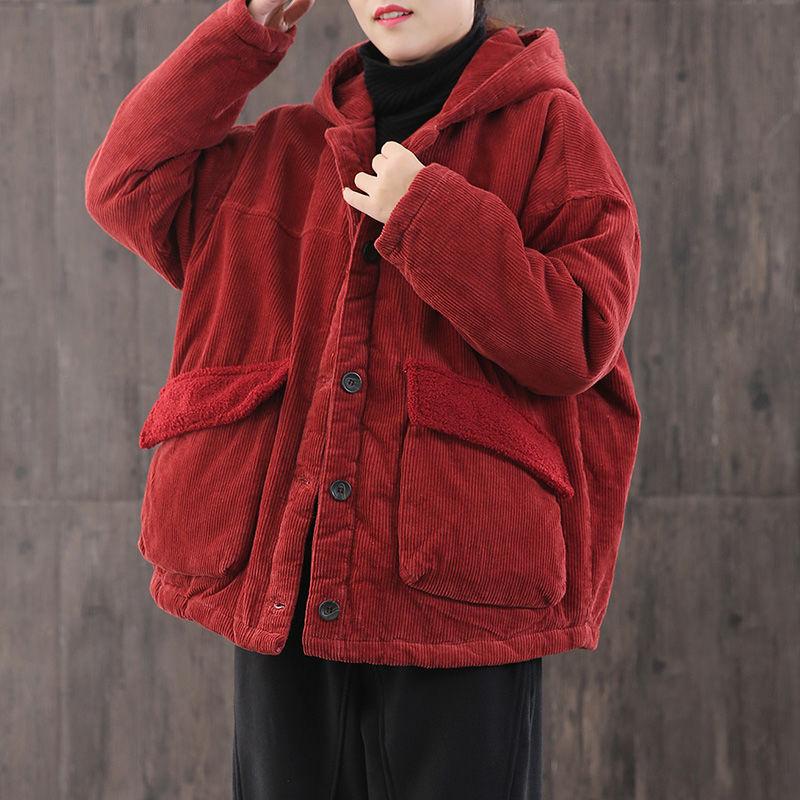 Corduroy Padded Jacket, Women's Padded Jacket with Hat, Autumn and Winter Models, Thick Padded Jacket, Plus Size Women's Padded Jacket
