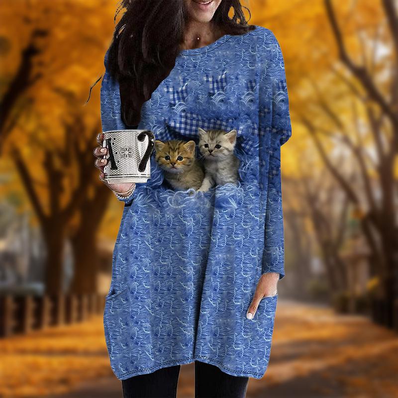 

Новинка осени Милый кошачий принт Плюс Размер Платье Женское O-образный вырез Длинные рукава Повседневные Карманные Платья 6XL синий