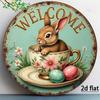 Metal Wall Art Rabbit Flower Spring Round 2D Aluminum for Living Room