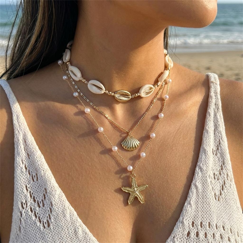 Boho Multilayer Starfish Shell Conch Pendant Necklace For Women Trendy Summer Beach Pearl Chains Choker Travel Party Jewelry