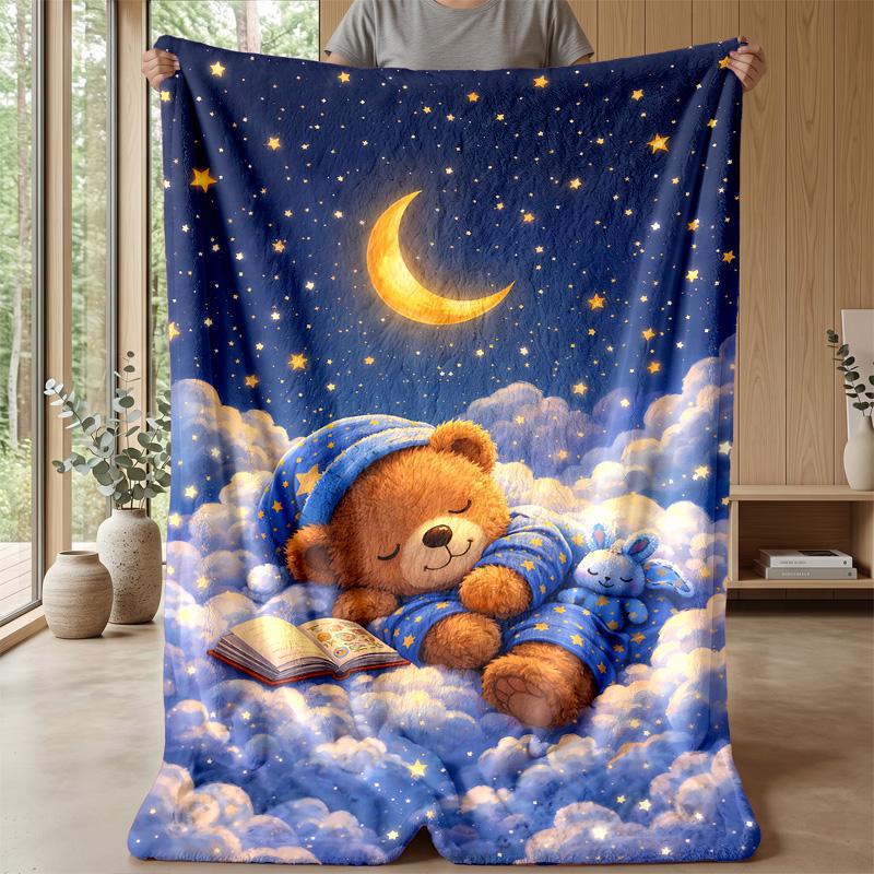 Teddy Bear Hearts Pattern Theme Blanket Lightweight Warm Flannel Blanket Decorative Throw Blanket for Home Decoration