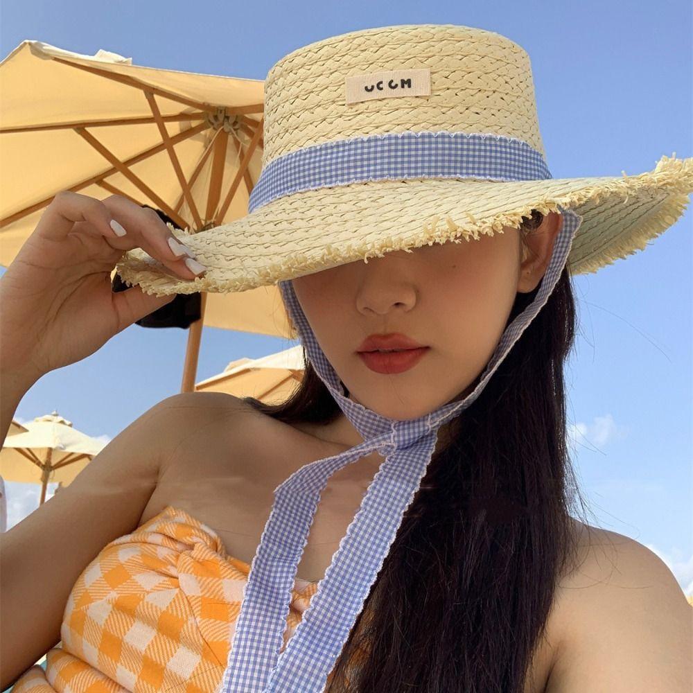 Letter Straw Weave Sun Hat Stripe Bowknot Beach Sun Cap Summer Sunscreen Bucket Hat  Summer