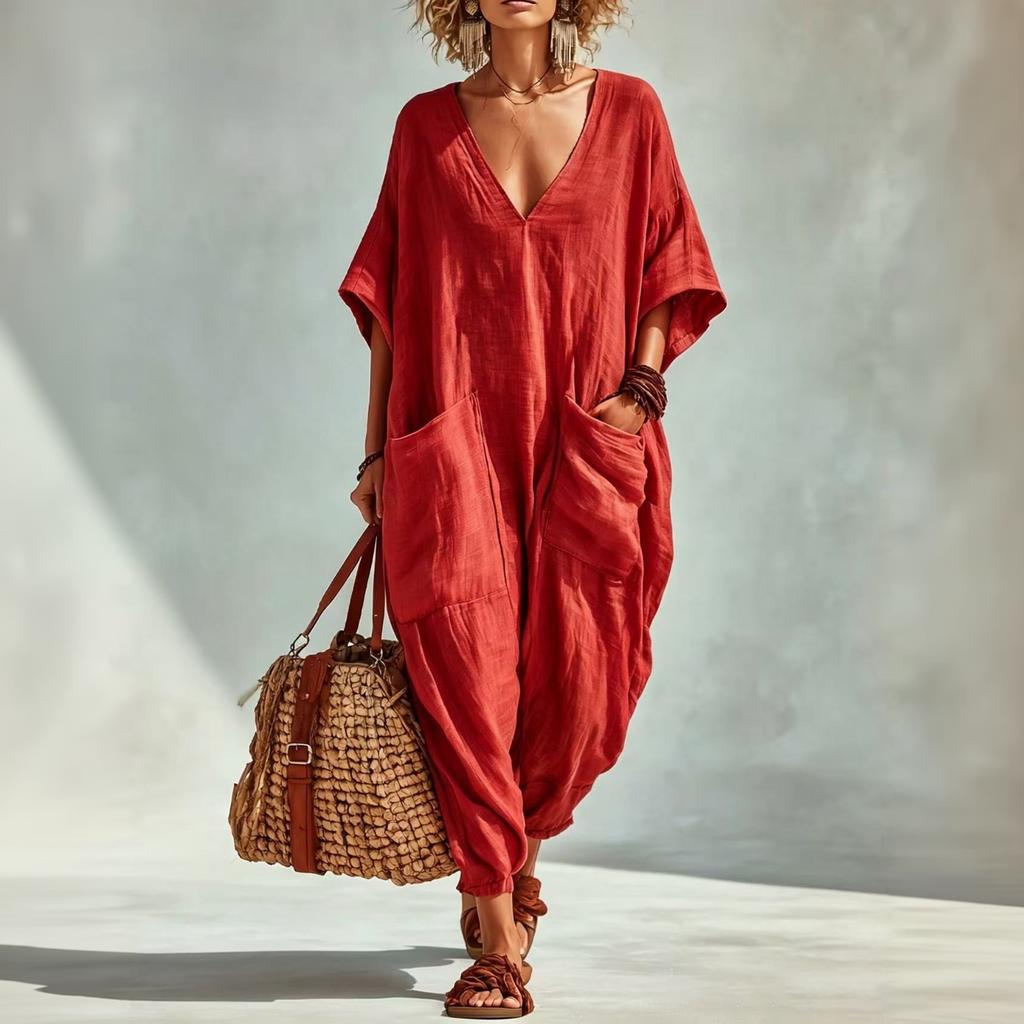 Women's Linen V Neck Jumpsuit with Pockets Wide Leg Romper