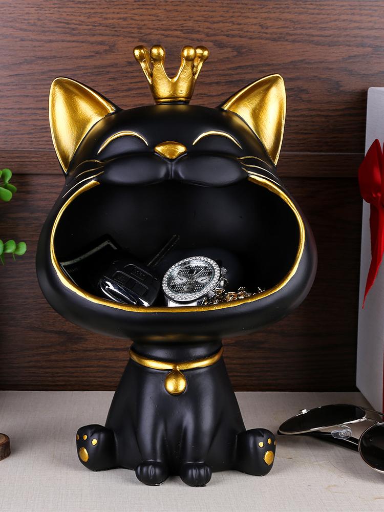 Lucky Laughing Cat Resin Statue Creative Big Mouths Cat Container Cute Desktop Key Small Storage Box Decoration Accessories