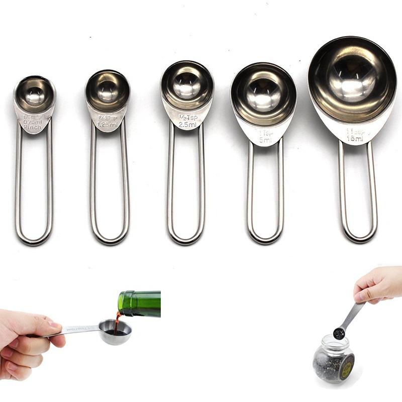 5 Pcs Kitchen Metal Measuring Spoon Cup Tea Coffee Sugar Cooking Baking Scoop Set