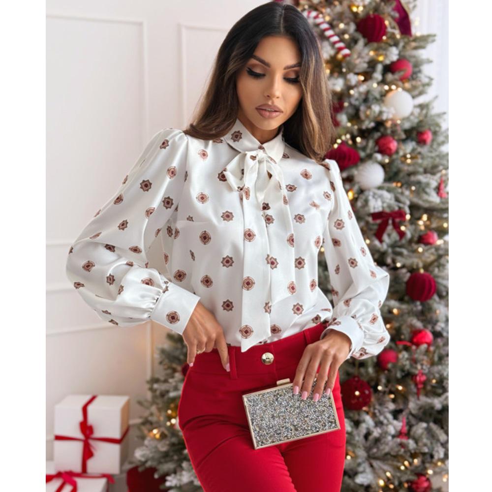 

Весенняя простая рубашка с длинными рукавами и бантом для женщин M коричневый/белый