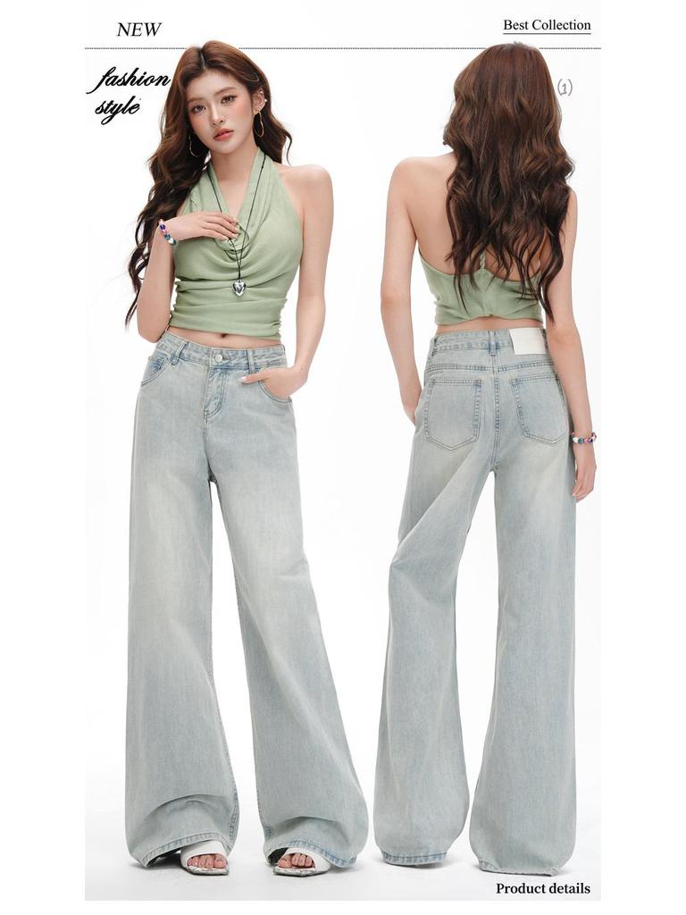 Women's Light Blue Retro Washed Denim Jeans, 2026 Spring/Summer, Loose Wide-Leg, Slimming Straight Pants
