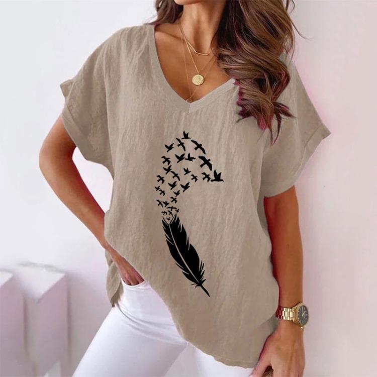 Women's Large Size Summer Casual V-neck Bat Short-sleeved Cotton Hemp Swallow Print T-shirt