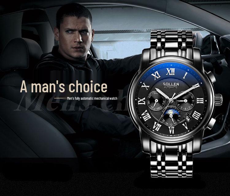 SOLLEN Solon Men's Automatic Scratch-Resistant Steel Band Watch - Fashion Business Design