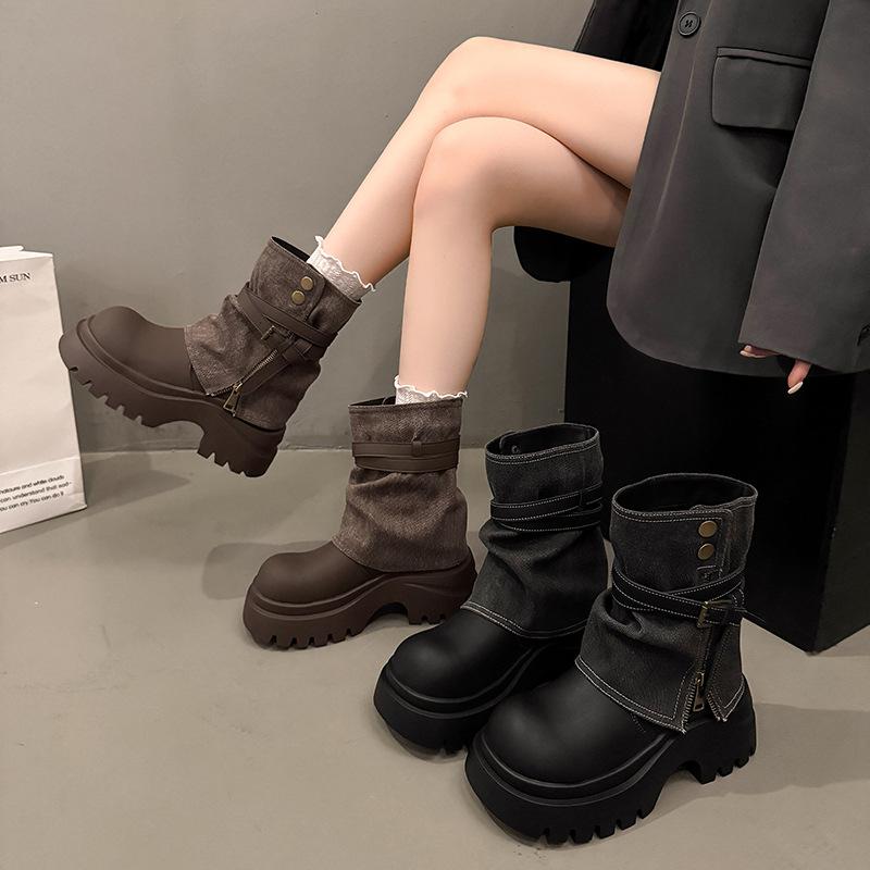 Vintage Thick-soled Martin Boots Children British Style Small Man Taller and Thinner Western Cowboy Short Boots Stacked Pants Tube Boots