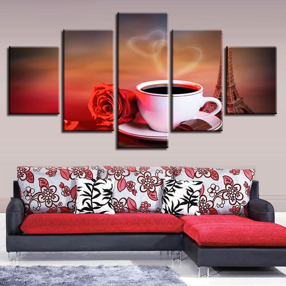

5 Panel Flowers Coffee Canvas Wall Art Poster Home Decoration Modern Living Room HD Print Painting Modular Pictures 20X35 20X45 20X55CM