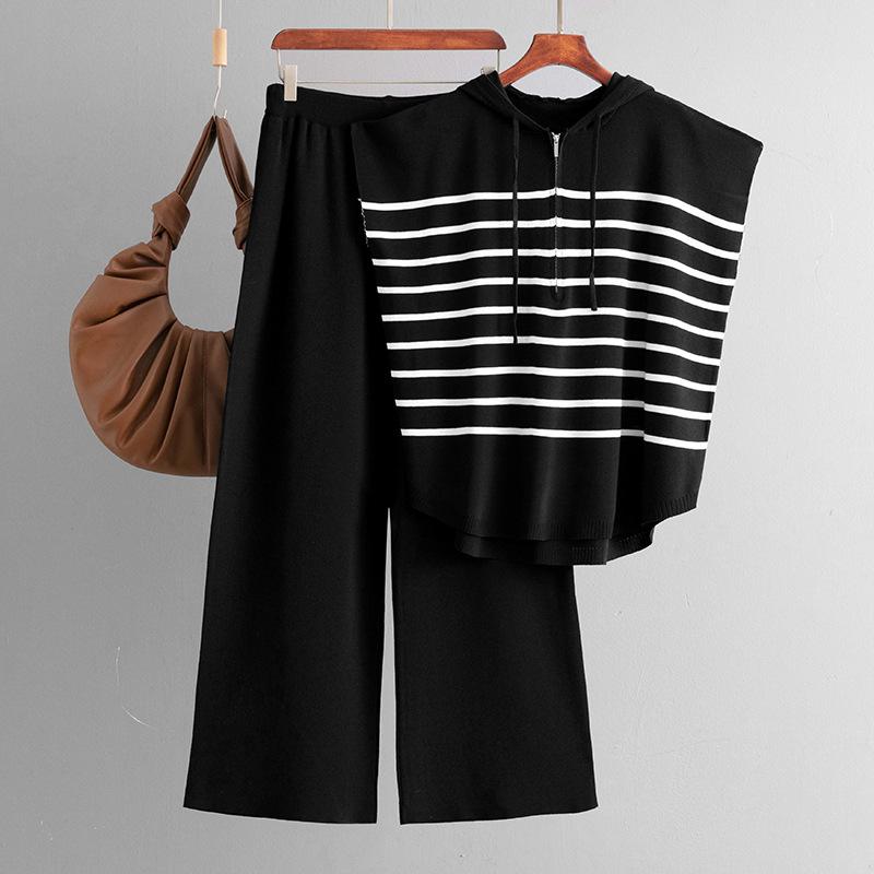 

Summer new hooded sleeveless vest fashion suit loose casual striped two-piece set women One Size чёрный