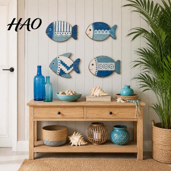 Geometric Pattern Wall Hangings 4PCS Wooden Fish Decoration, Rustic Mediterranean Style Hanging Plaques, Blue White Distressed Seaside Interior