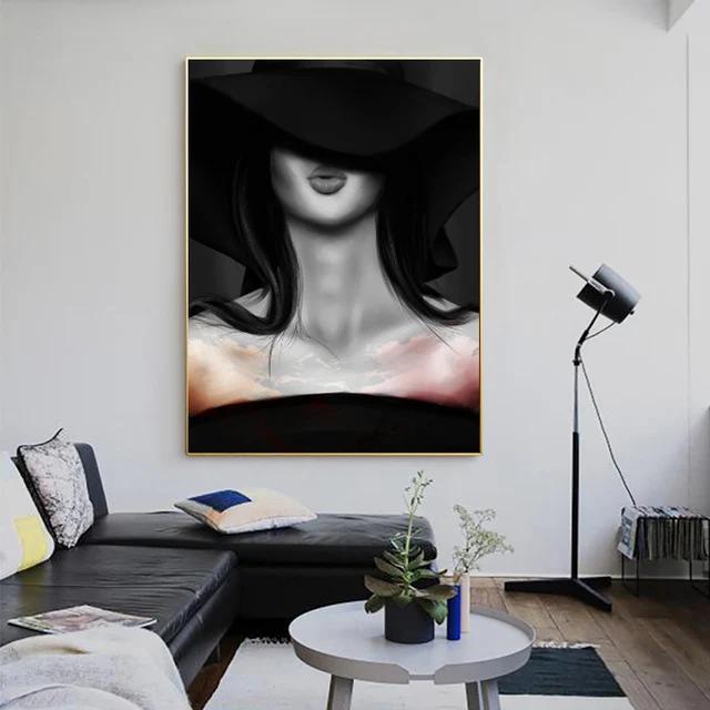 Modern Black and White Sexy Smoking Women with Red Lip Hat Print Art Canvas Poster for Living Room Decoration Home Wall Decor