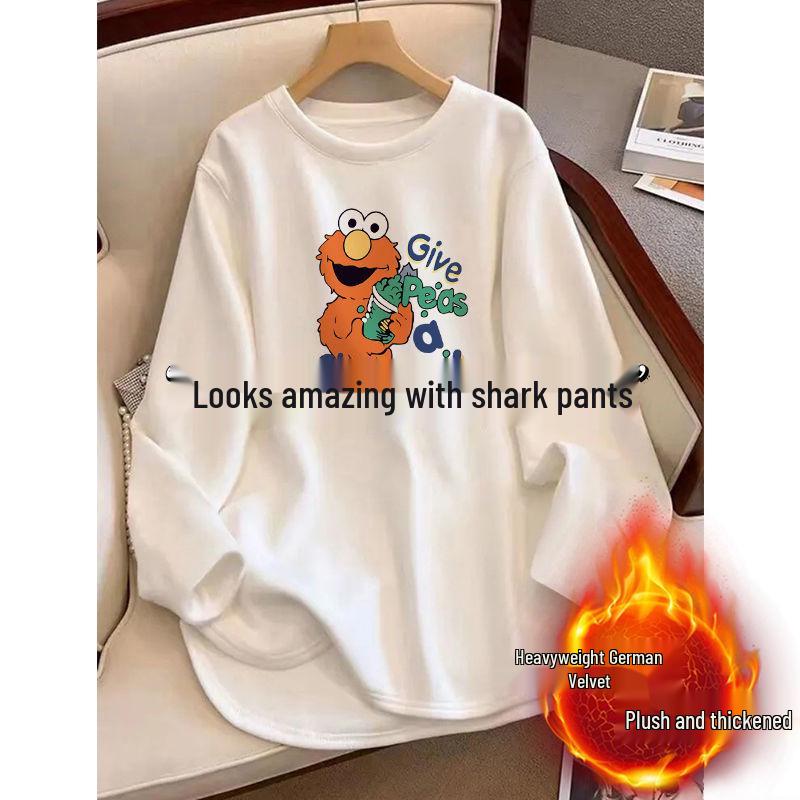 Velvet White Fleece-Lined Oversized Slit Long Sleeve Top for Women